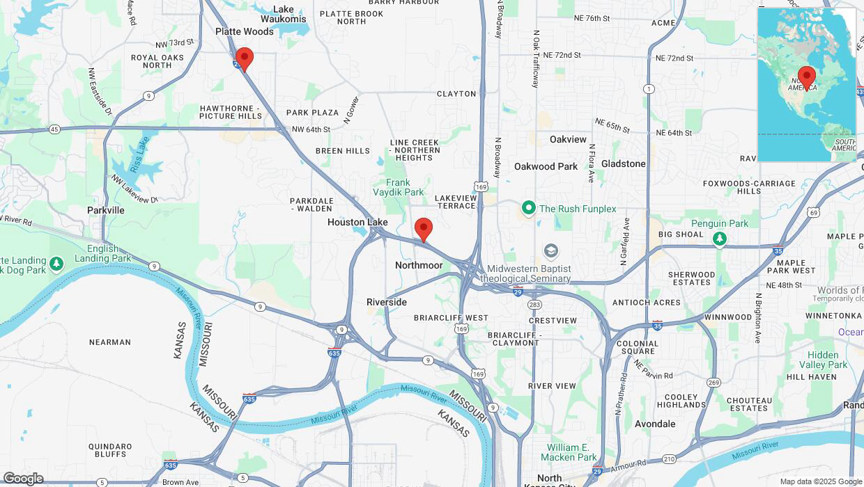 A detailed map that shows the affected road due to 'Heavy snowfall on northbound I-29 in Northmoor' on February 17th at 9:33 p.m.