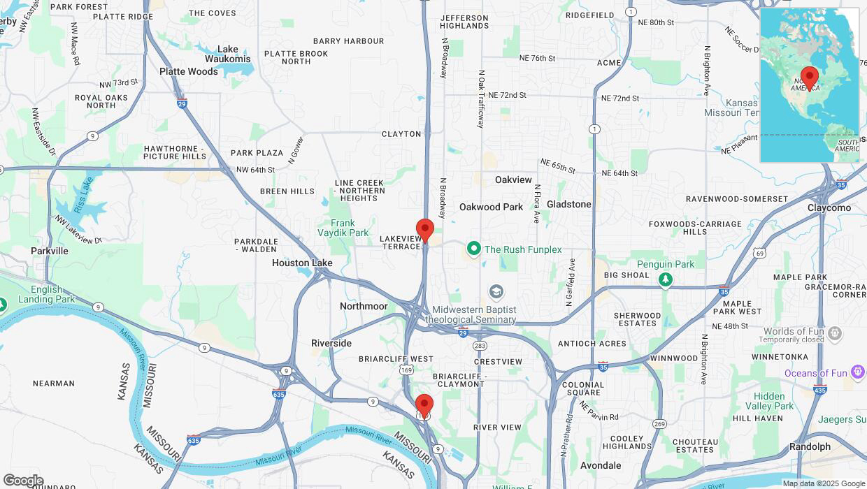 A detailed map that shows the affected road due to 'Heavy snowfall on southbound US-169 in Kansas City' on February 17th at 9:33 p.m.