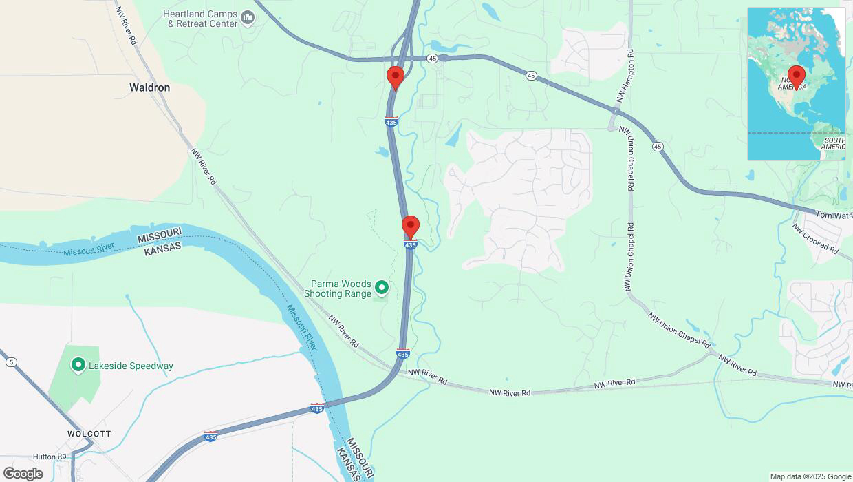 A detailed map that shows the affected road due to 'Heavy snowfall on northbound I-435 in Parkville' on February 17th at 9:39 p.m.