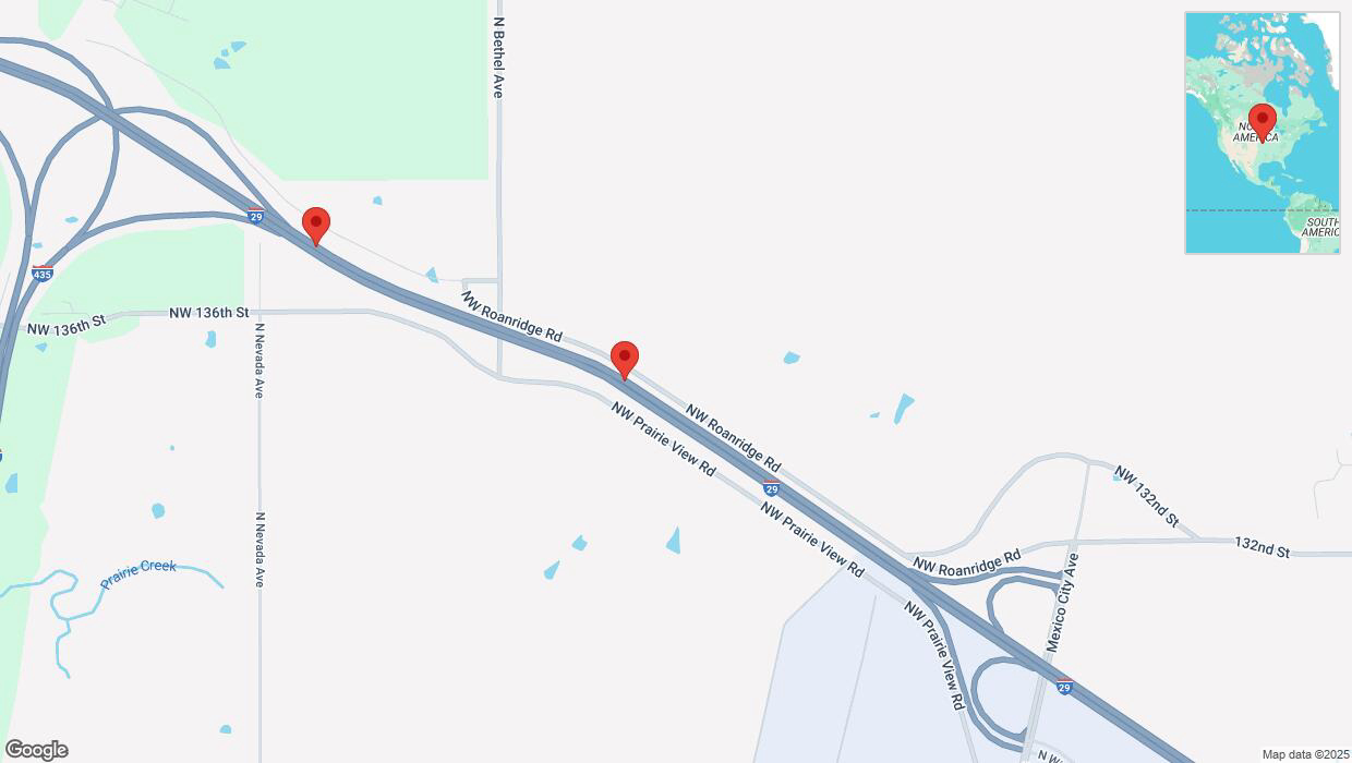 A detailed map that shows the affected road due to 'Heavy snowfall on northbound I-435/I-29 in Platte City' on February 17th at 9:39 p.m.
