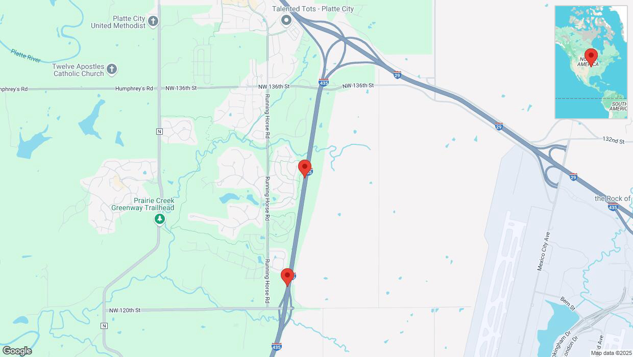 A detailed map that shows the affected road due to 'Heavy snowfall on southbound I-435 in Platte City' on February 17th at 9:45 p.m.