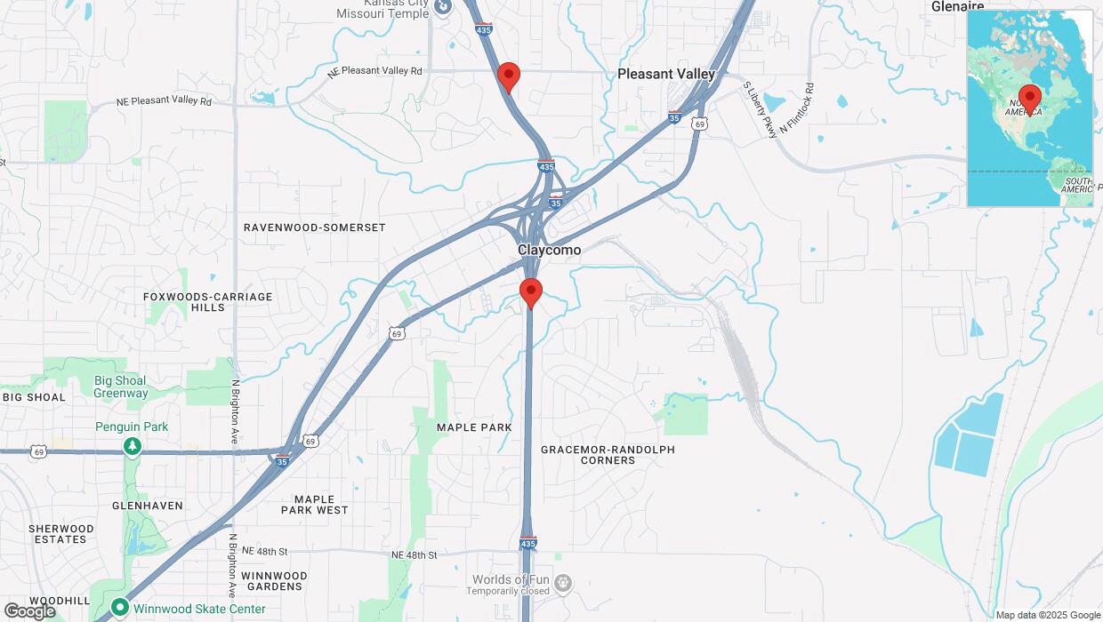 A detailed map that shows the affected road due to 'Heavy snowfall on northbound I-435 in Kansas City' on February 17th at 9:45 p.m.