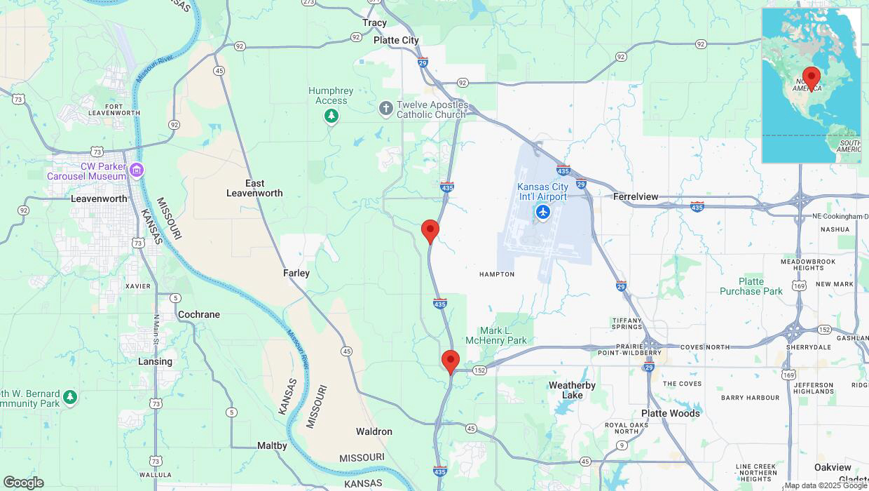 A detailed map that shows the affected road due to 'Heavy snowfall on southbound I-435 in Platte City' on February 17th at 9:45 p.m.