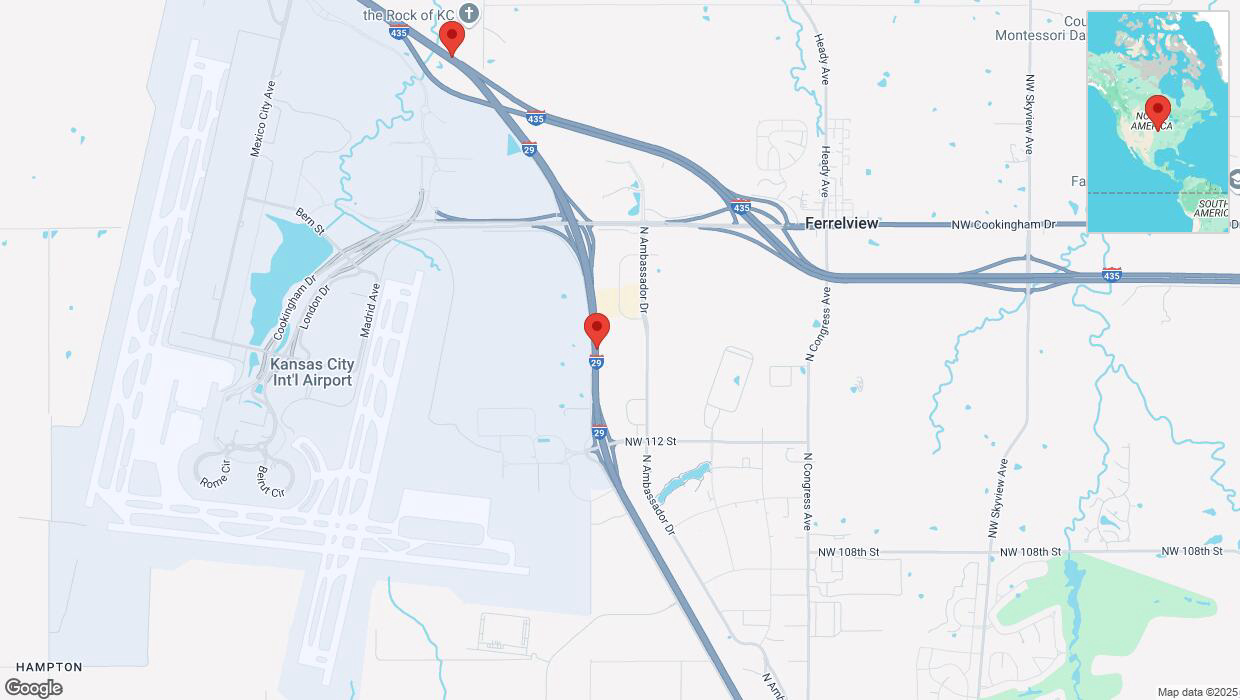 A detailed map that shows the affected road due to 'Heavy snowfall on northbound I-29 in Kansas City' on February 17th at 9:51 p.m.