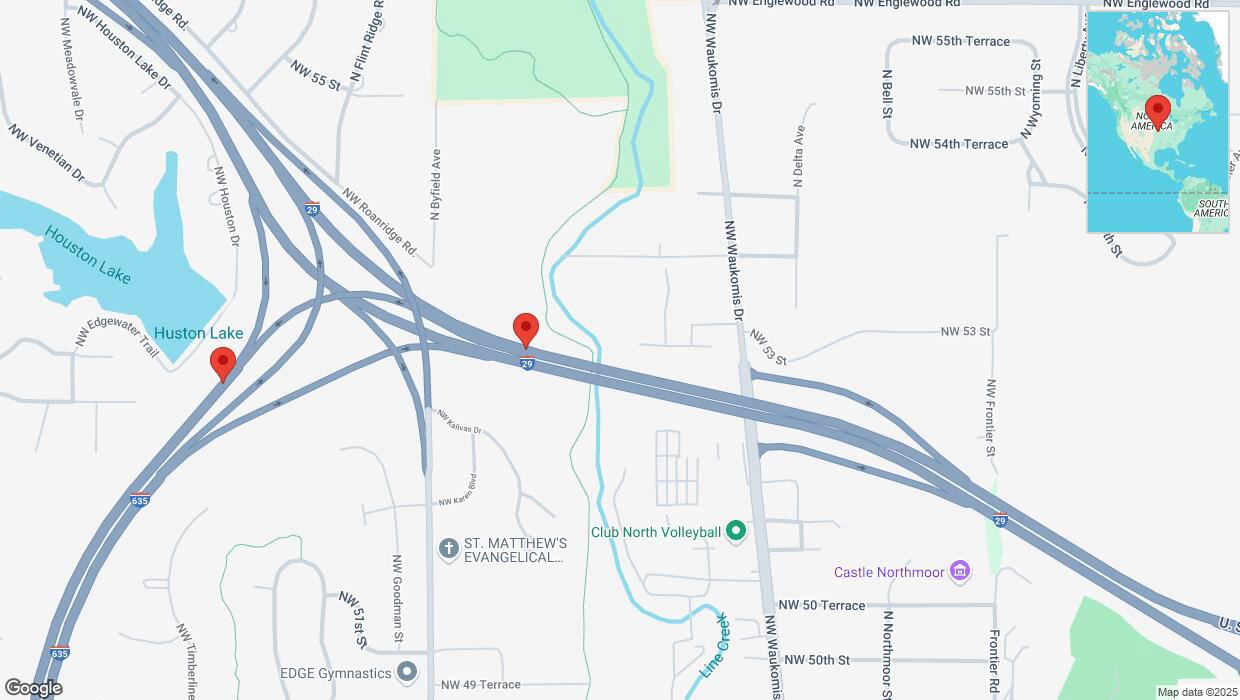 A detailed map that shows the affected road due to 'Heavy snowfall on the U. S. Highway 71 in Kansas City' on February 17th at 11:07 p.m.