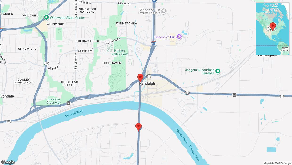 A detailed map that shows the affected road due to 'Heavy snowfall on southbound I-435 in Randolph' on February 17th at 9:51 p.m.