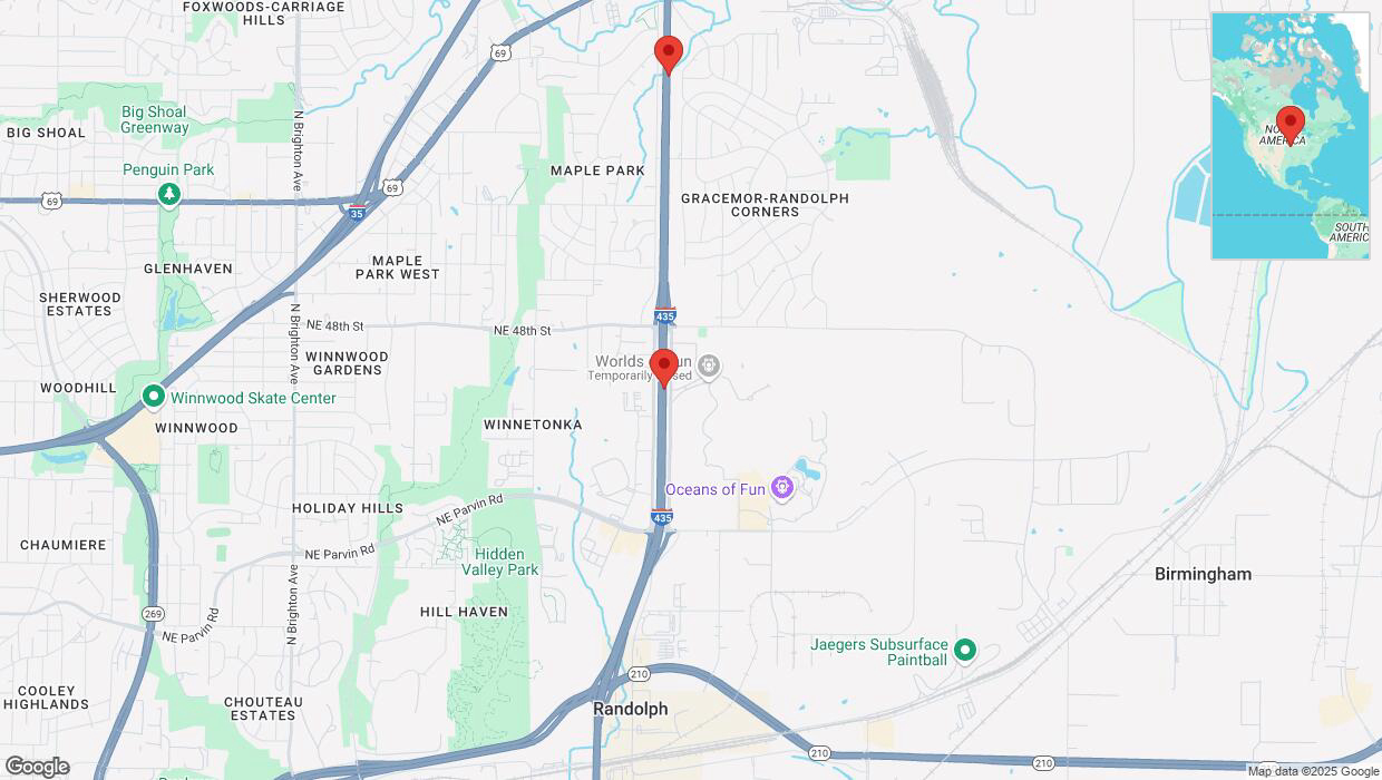 A detailed map that shows the affected road due to 'Heavy snowfall on northbound I-435 in Kansas City' on February 17th at 9:51 p.m.