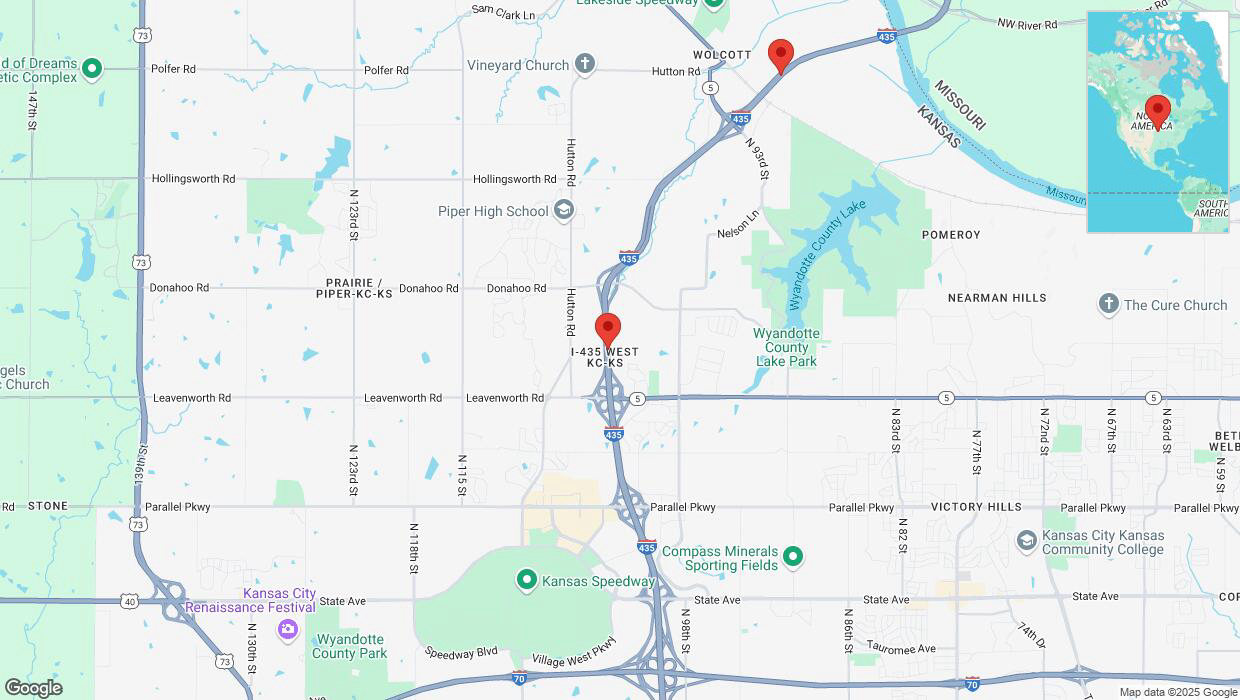 A detailed map that shows the affected road due to 'Heavy snowfall on northbound I-435 in Kansas City' on February 17th at 9:51 p.m.