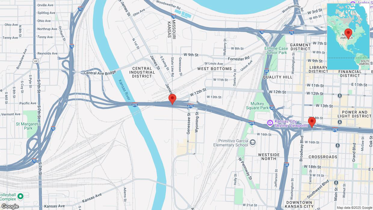 A detailed map that shows the affected road due to 'Heavy snowfall on eastbound I-670 in Kansas City' on February 17th at 9:58 p.m.