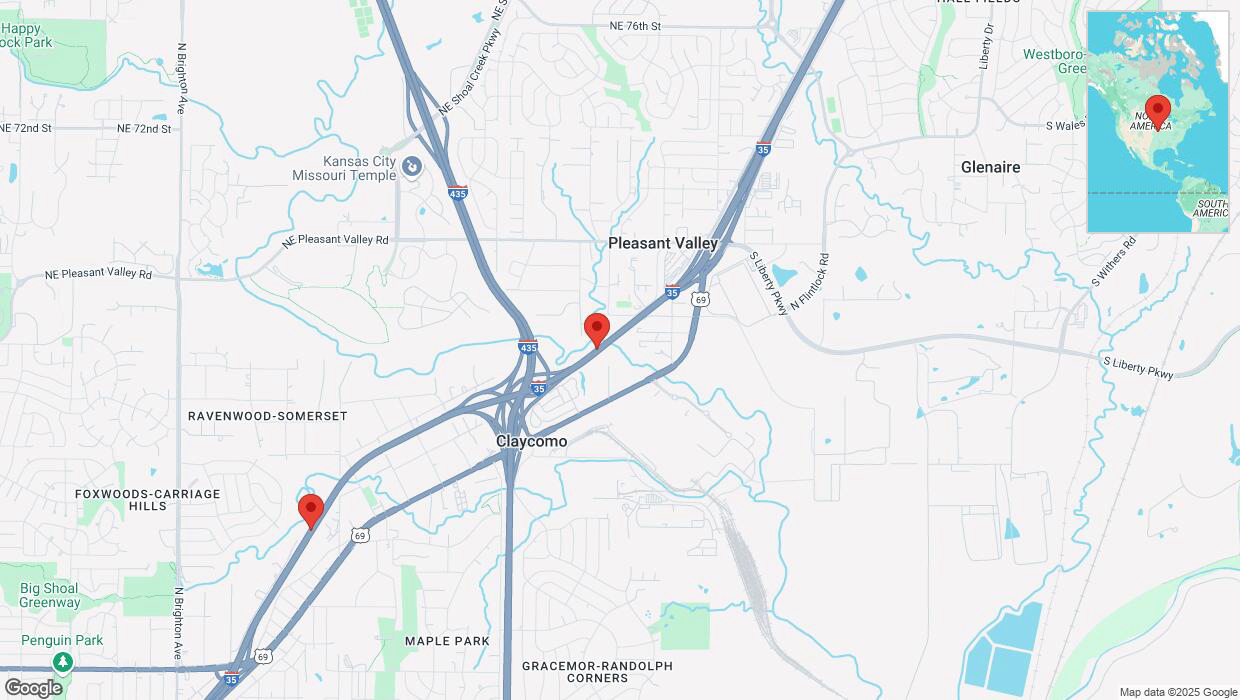 A detailed map that shows the affected road due to 'Heavy snowfall on southbound I-35 in Liberty' on February 17th at 10:03 p.m.