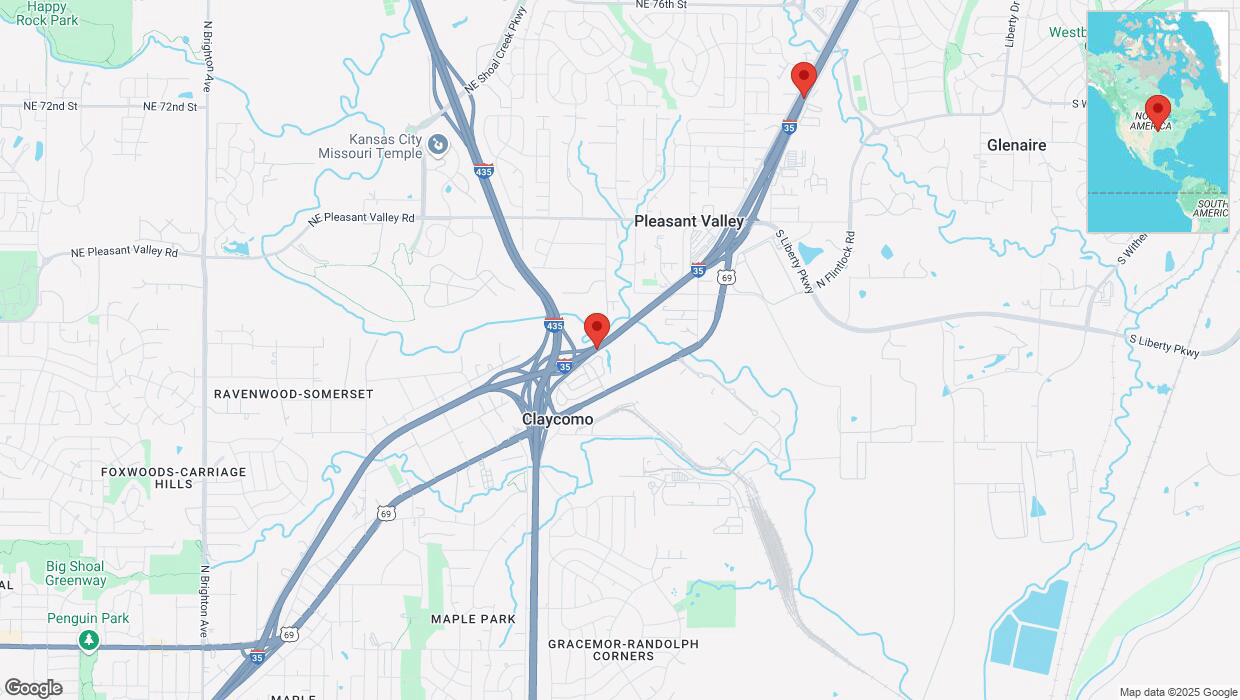 A detailed map that shows the affected road due to 'Heavy snowfall on northbound I-35 in Liberty' on February 17th at 10:03 p.m.