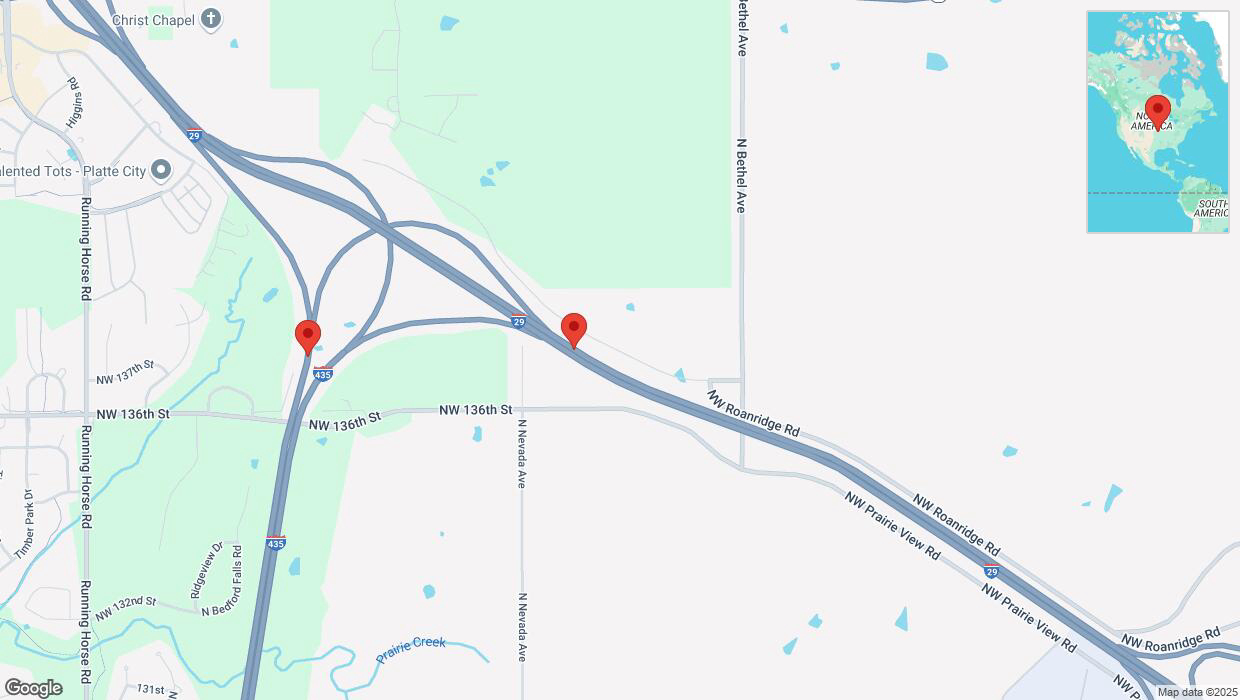 A detailed map that shows the affected road due to 'Heavy snowfall on southbound I-435 South in Platte City' on February 17th at 10:09 p.m.