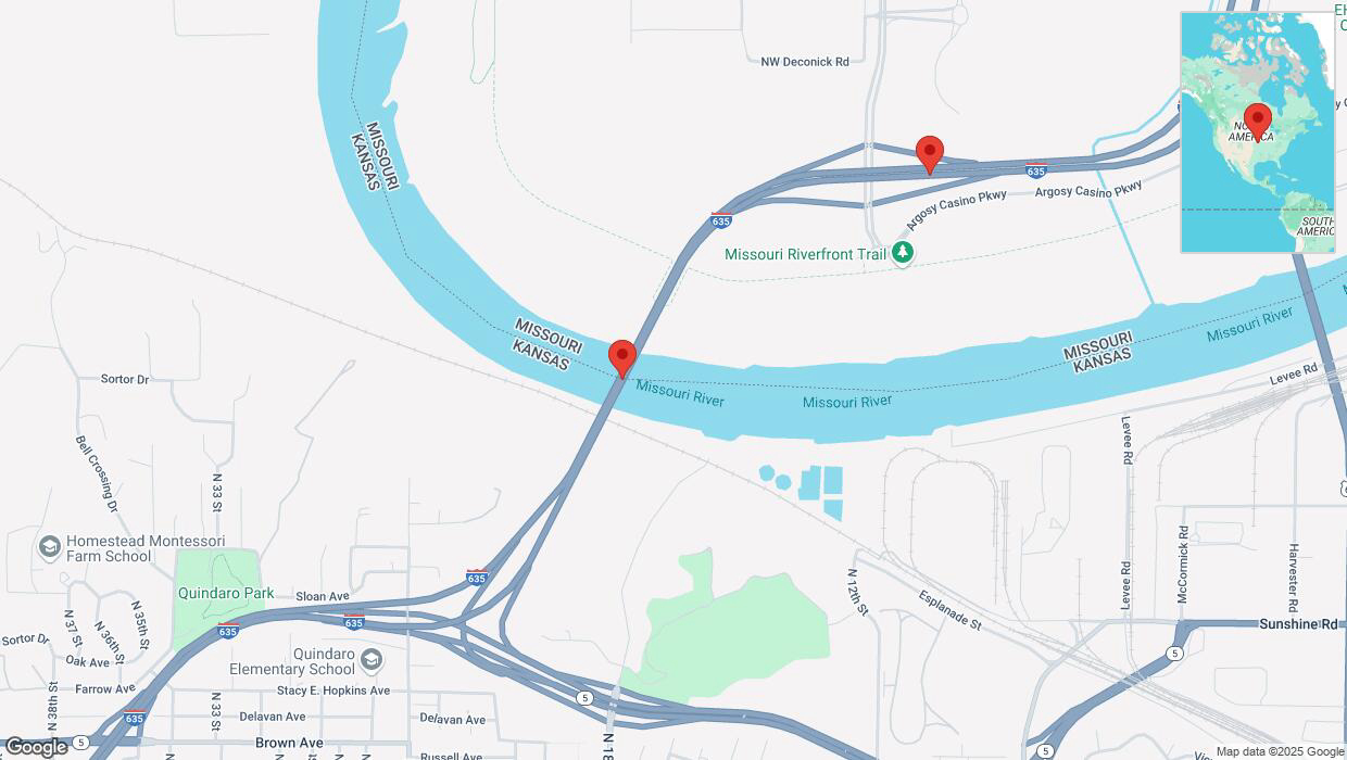 A detailed map that shows the affected road due to 'Heavy snowfall on northbound I-635 in Riverside' on February 17th at 10:09 p.m.