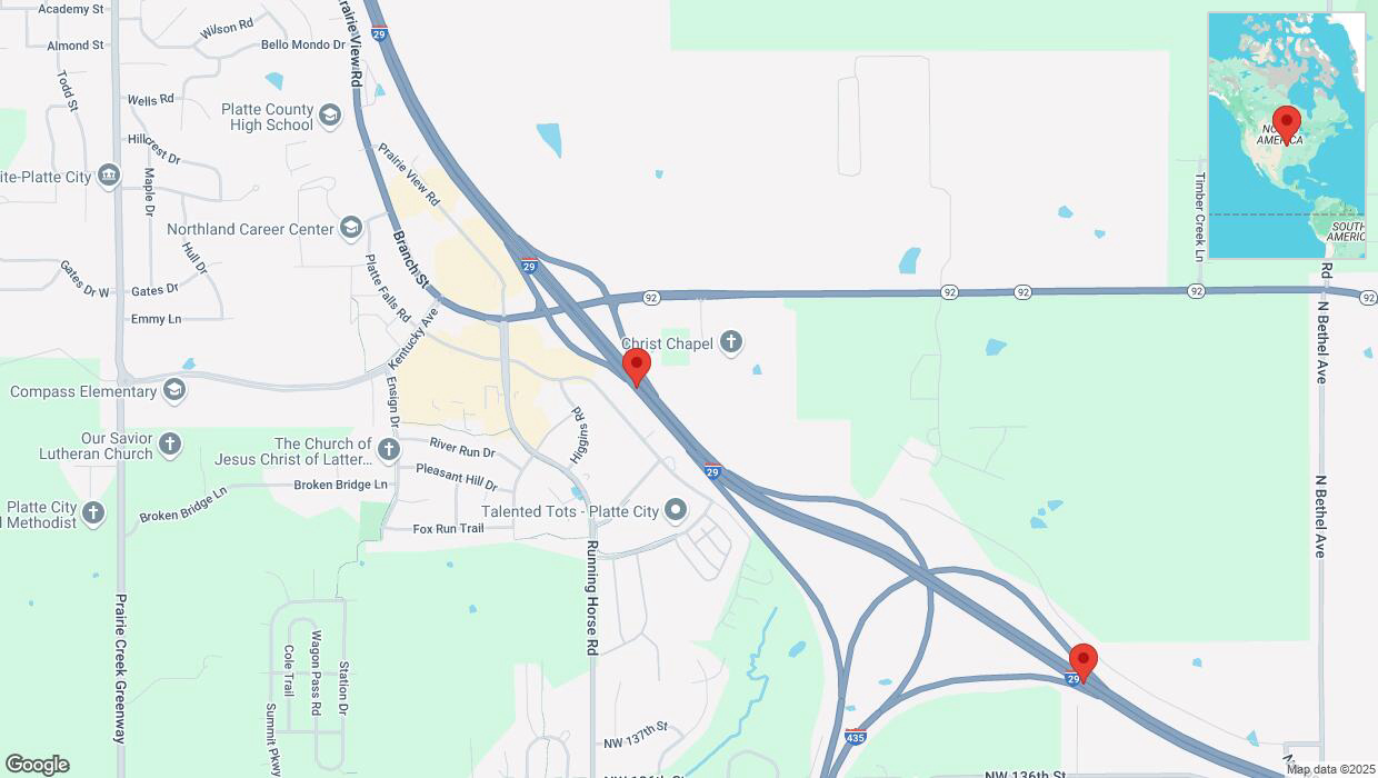 A detailed map that shows the affected road due to 'Heavy snowfall on southbound I-29 in Platte City' on February 17th at 10:09 p.m.