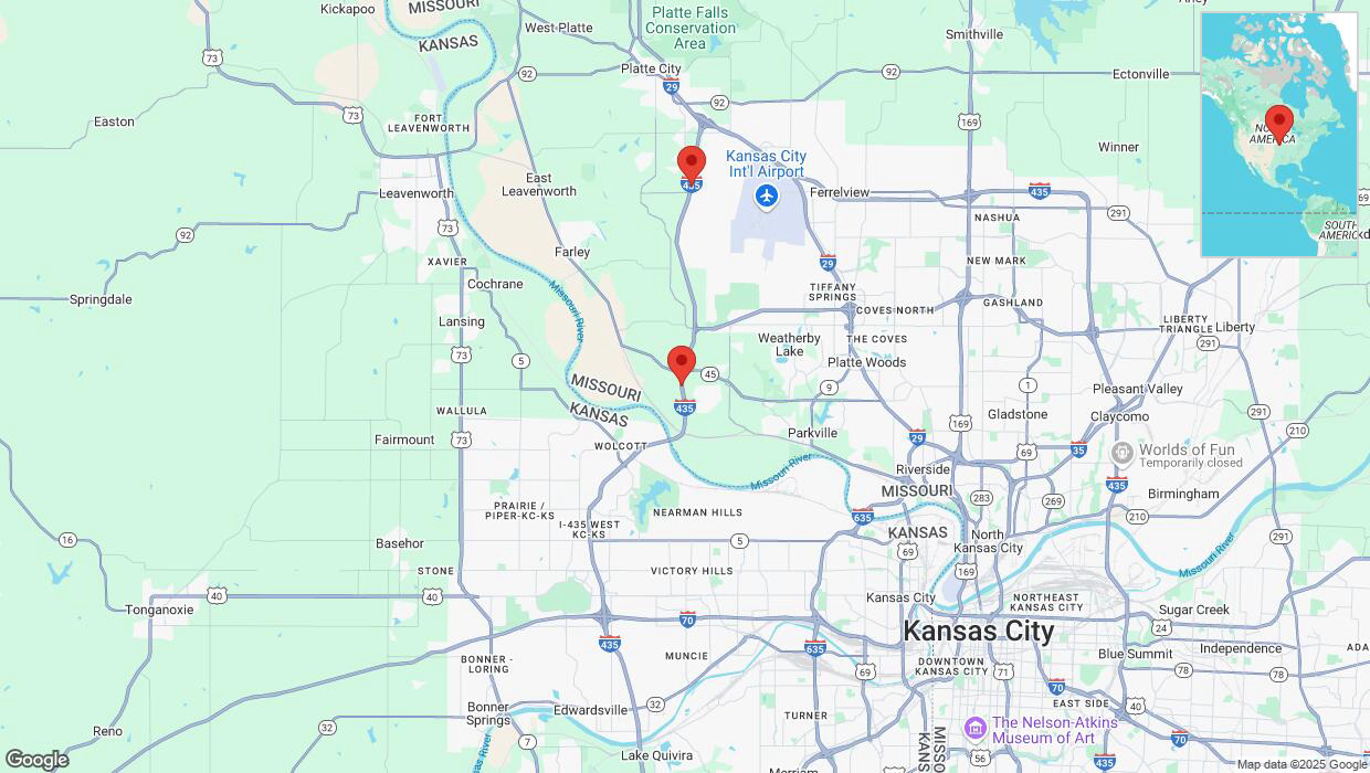A detailed map that shows the affected road due to 'Heavy snowfall on northbound I-435 in Parkville' on February 17th at 10:14 p.m.