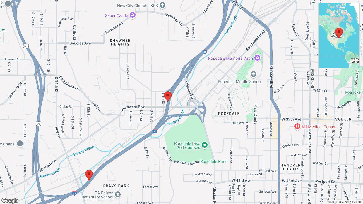 A detailed map that shows the affected road due to 'Heavy snowfall on southbound I-35 in Kansas City' on February 17th at 10:14 p.m.