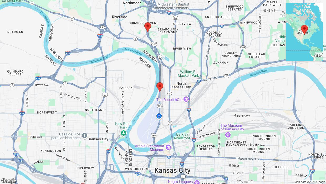 A detailed map that shows the affected road due to 'Heavy snowfall on northbound US-169 in Kansas City' on February 17th at 10:14 p.m.