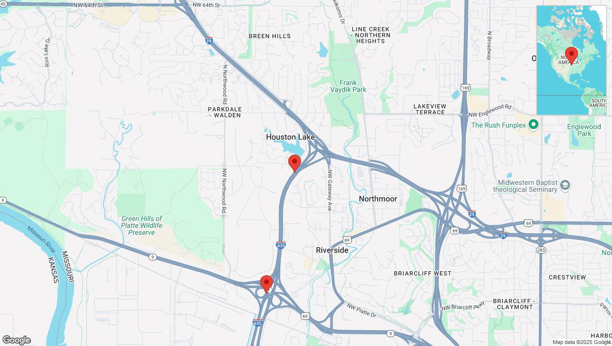A detailed map that shows the affected road due to 'Heavy snowfall on southbound I-635 in Riverside' on February 17th at 10:14 p.m.