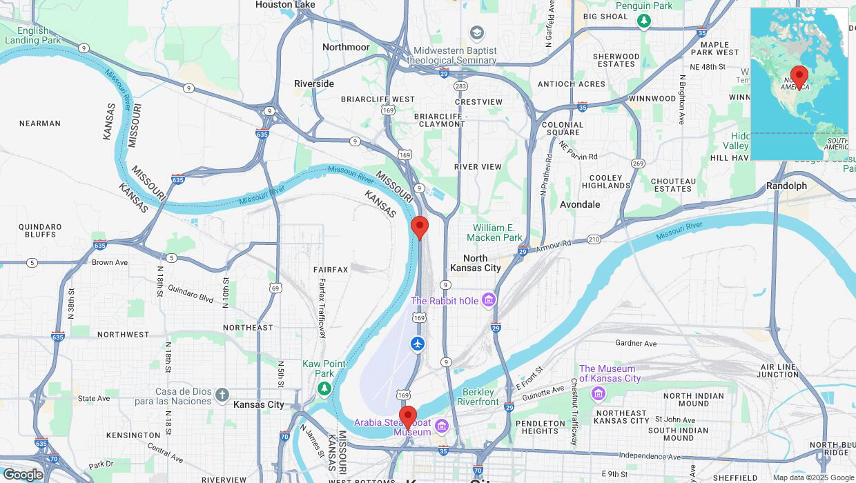 A detailed map that shows the affected road due to 'Heavy snowfall on southbound US-169 in Kansas City' on February 17th at 10:14 p.m.