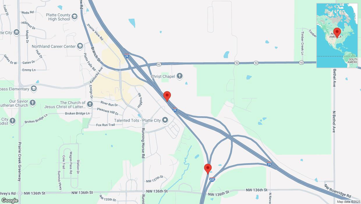 A detailed map that shows the affected road due to 'Heavy snowfall on Northwest Prairie View Road in Platte City' on February 17th at 10:20 p.m.
