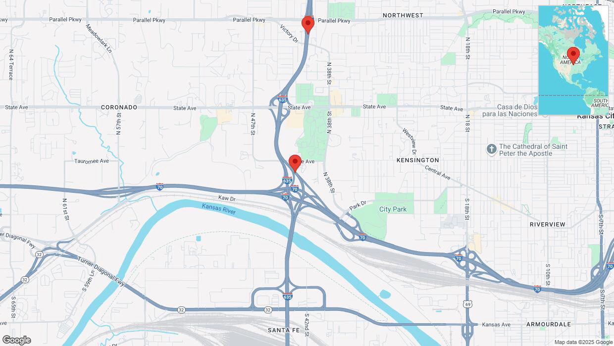 A detailed map that shows the affected road due to 'Heavy snowfall on northbound I-635 in Kansas City' on February 17th at 10:20 p.m.
