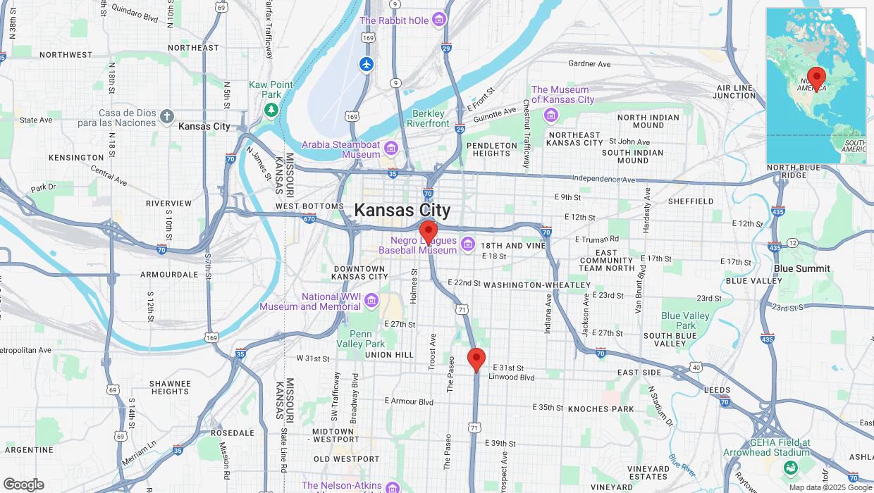 A detailed map that shows the affected road due to 'Heavy snowfall on southbound US-71 in Kansas City' on February 17th at 10:20 p.m.