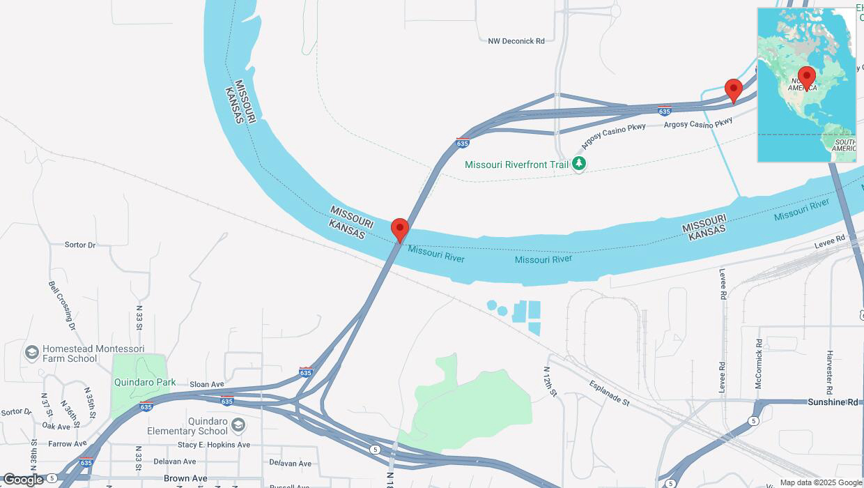 A detailed map that shows the affected road due to 'Heavy snowfall on northbound I-635 in Riverside' on February 17th at 10:26 p.m.
