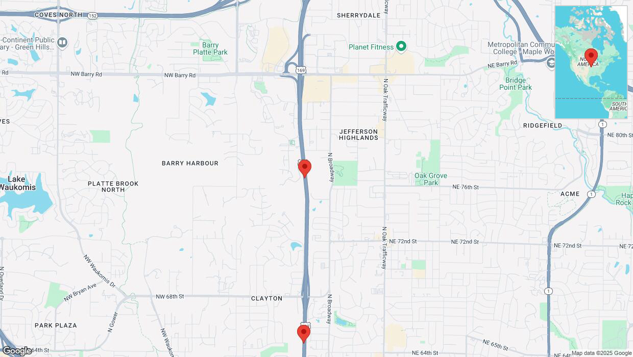 A detailed map that shows the affected road due to 'Heavy snowfall on southbound US-169 in Kansas City' on February 17th at 10:26 p.m.