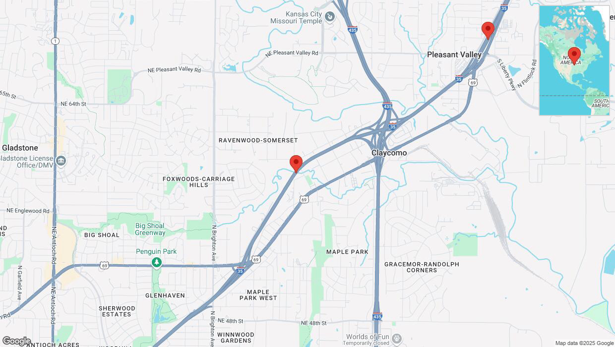 A detailed map that shows the affected road due to 'Heavy snowfall on northbound I-35 in Kansas City' on February 17th at 10:26 p.m.