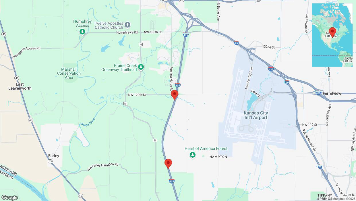 A detailed map that shows the affected road due to 'Heavy snowfall on southbound I-435 in Kansas City' on February 17th at 10:32 p.m.