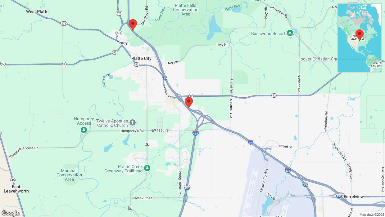A detailed map that shows the affected road due to 'Heavy snowfall on northbound I-29 in Platte City' on February 17th at 10:32 p.m.