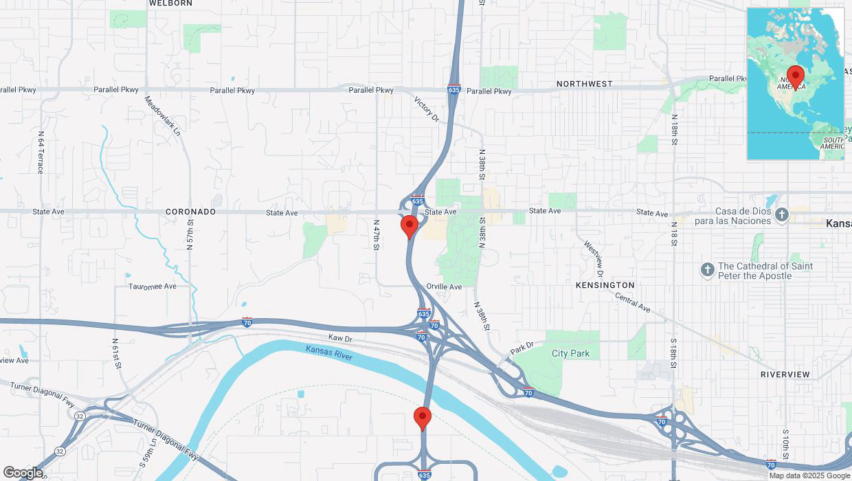 A detailed map that shows the affected road due to 'Heavy snowfall on southbound I-635 in Kansas City' on February 17th at 10:32 p.m.