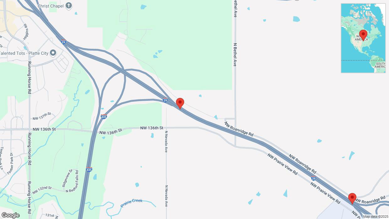 A detailed map that shows the affected road due to 'Heavy snowfall on eastbound I-435/I-29 in Kansas City' on February 17th at 10:37 p.m.