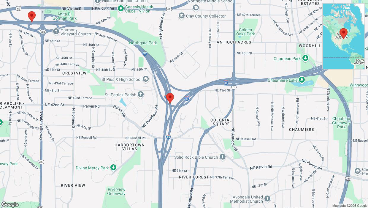 A detailed map that shows the affected road due to 'Heavy snowfall on northbound I-29 in Kansas City' on February 17th at 10:37 p.m.