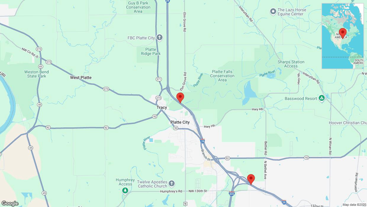 A detailed map that shows the affected road due to 'Heavy snowfall on southbound I-29 in Platte City' on February 17th at 10:37 p.m.