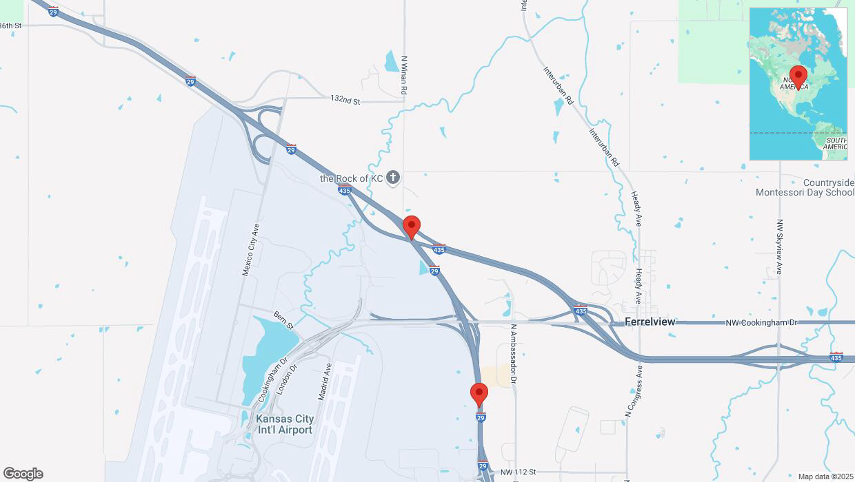 A detailed map that shows the affected road due to 'Heavy snowfall on southbound I-29 in Kansas City' on February 17th at 10:37 p.m.