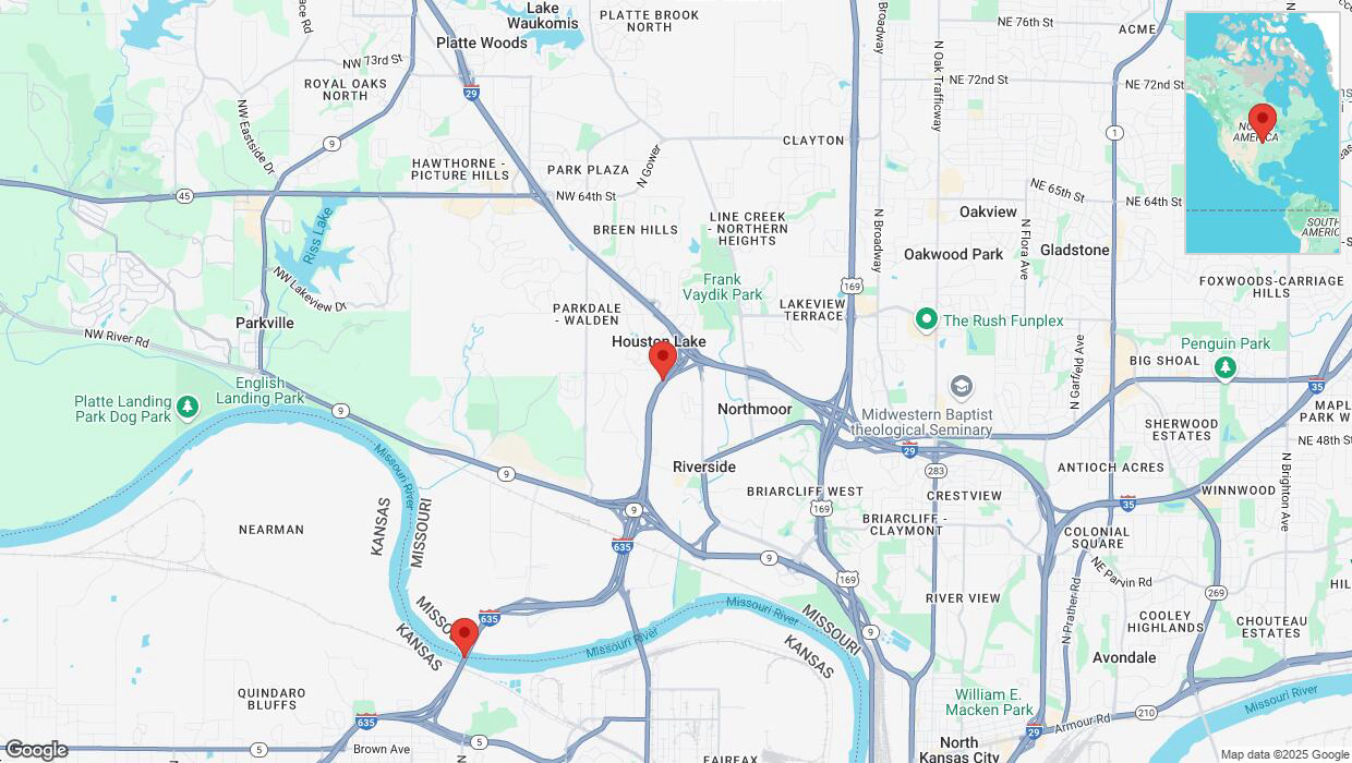 A detailed map that shows the affected road due to 'Heavy snowfall on southbound I-635 in Riverside' on February 17th at 10:43 p.m.