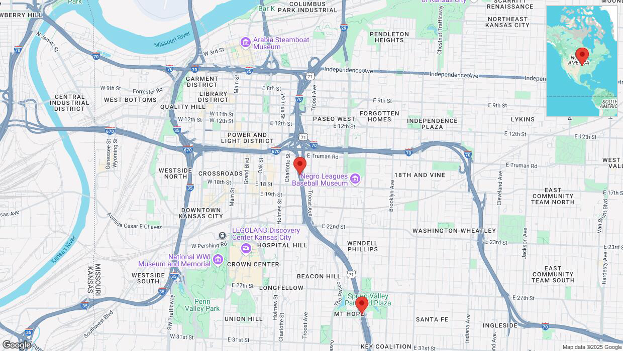 A detailed map that shows the affected road due to 'Heavy snowfall on southbound US-71 in Kansas City' on February 17th at 10:37 p.m.