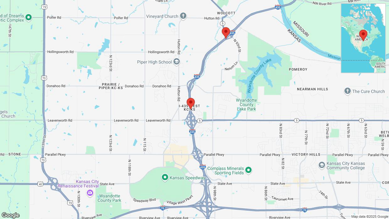 A detailed map that shows the affected road due to 'Heavy snowfall on northbound I-435 in Kansas City' on February 17th at 10:43 p.m.