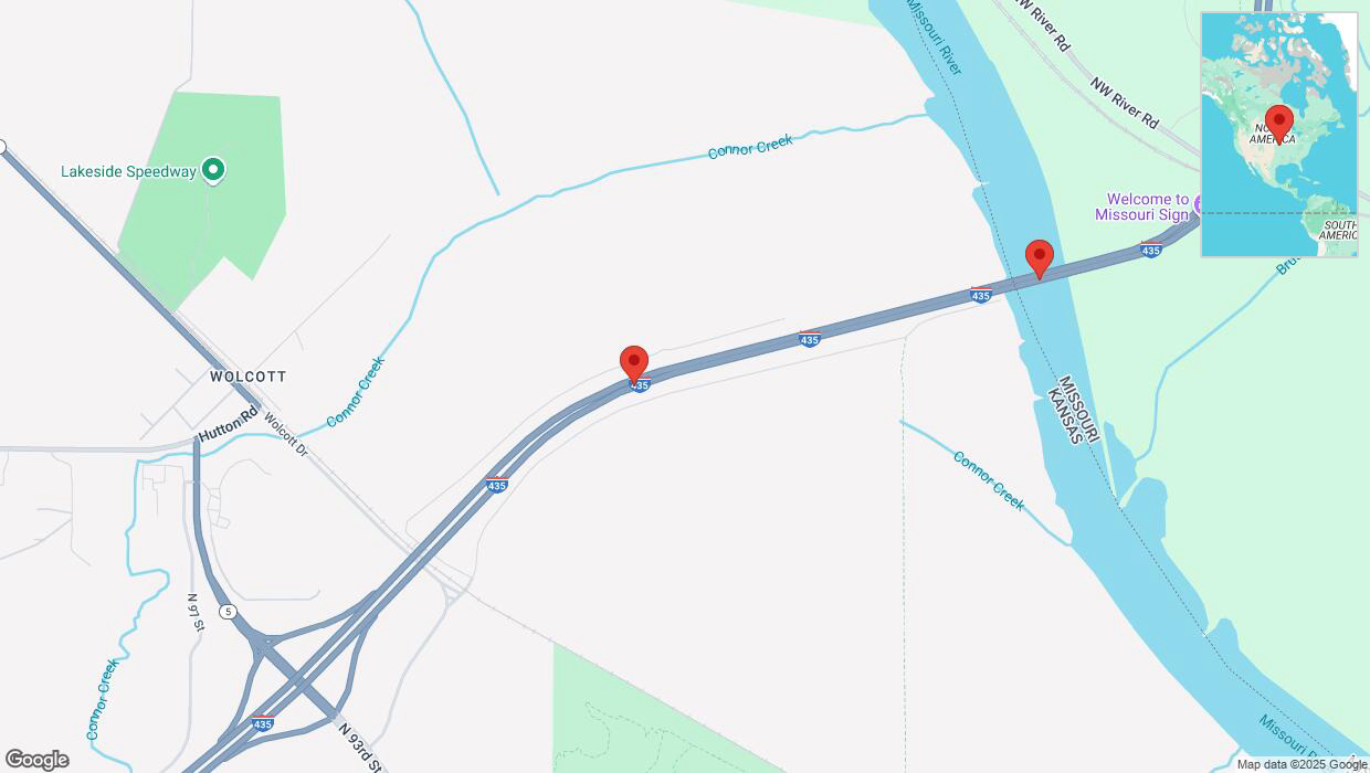 A detailed map that shows the affected road due to 'Heavy snowfall on northbound I-435 in Kansas City' on February 17th at 10:43 p.m.