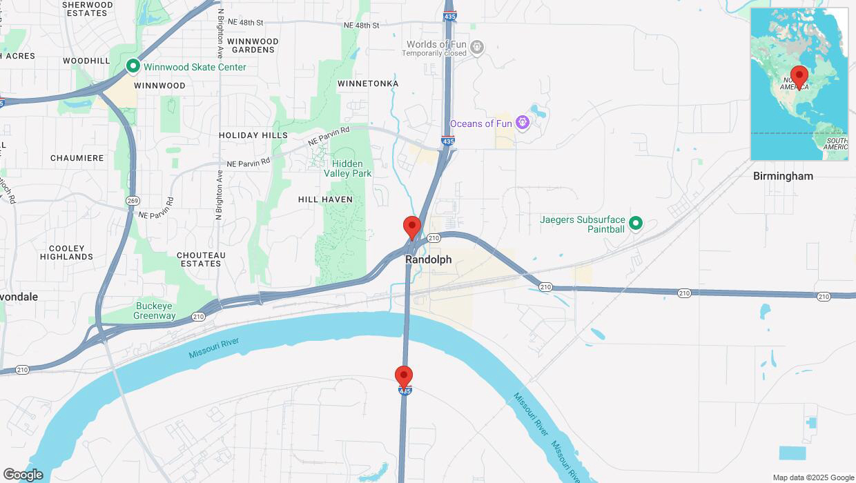 A detailed map that shows the affected road due to 'Heavy snowfall on southbound I-435 in Kansas City' on February 17th at 10:43 p.m.