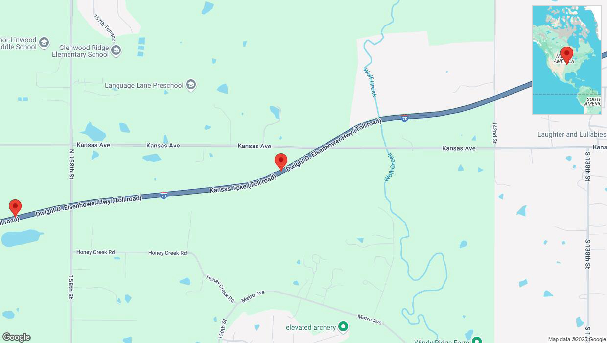A detailed map that shows the affected road due to 'Heavy snowfall on westbound I-70 in Basehor' on February 17th at 10:49 p.m.