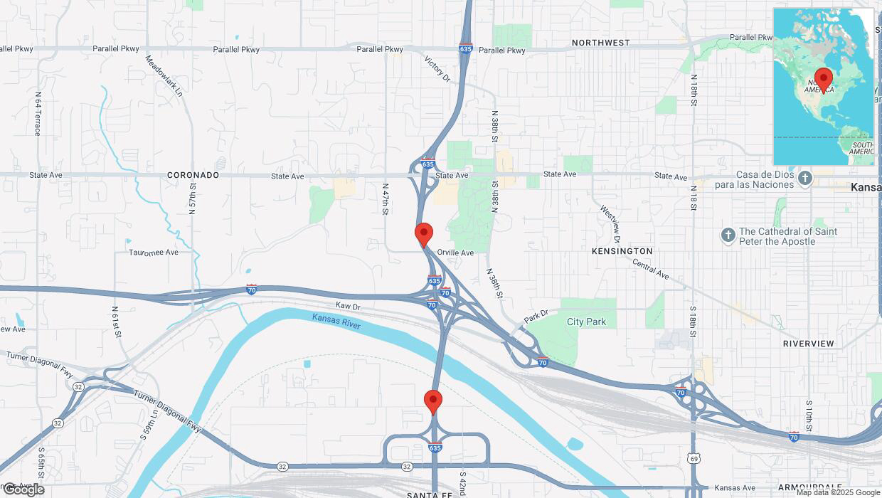 A detailed map that shows the affected road due to 'Heavy snowfall on southbound I-635 in Kansas City' on February 17th at 10:49 p.m.