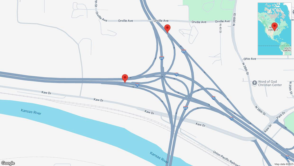 A detailed map that shows the affected road due to 'Heavy snowfall on Kaw Drive Frontage Road in Kansas City' on February 17th at 10:49 p.m.
