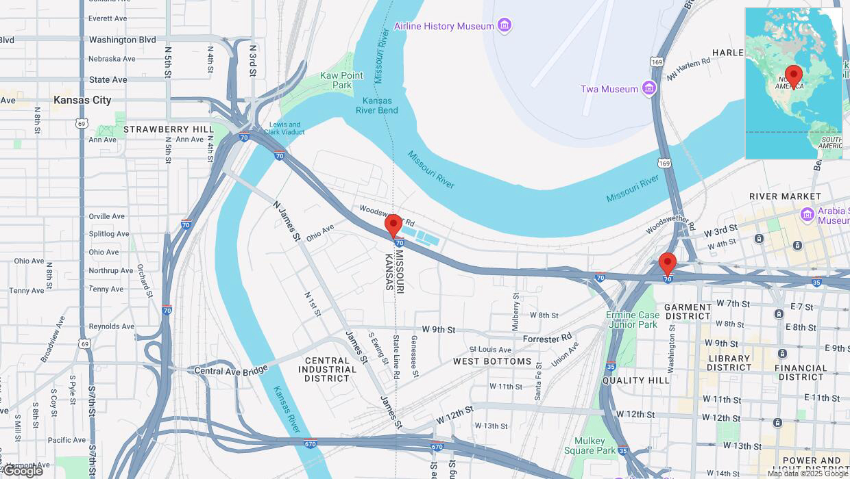 A detailed map that shows the affected road due to 'Heavy snowfall on eastbound I-70 in Kansas City' on February 17th at 10:49 p.m.