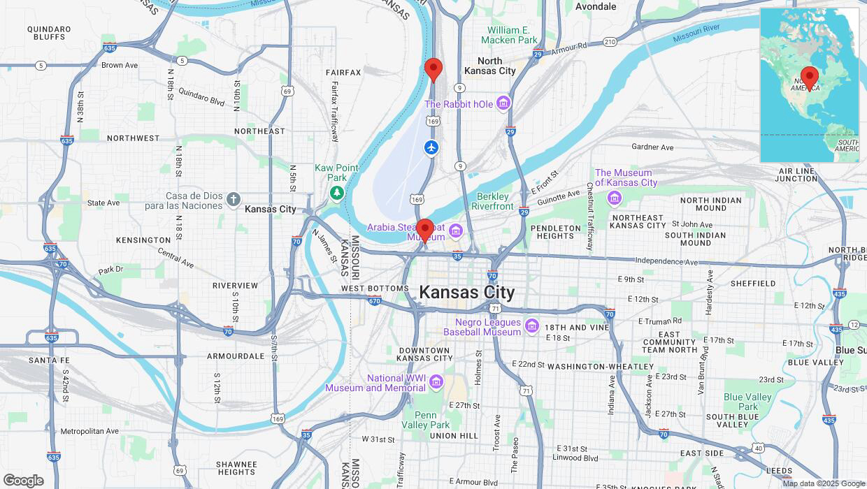 A detailed map that shows the affected road due to 'Heavy snowfall on northbound US-169 North in Kansas City' on February 17th at 10:49 p.m.