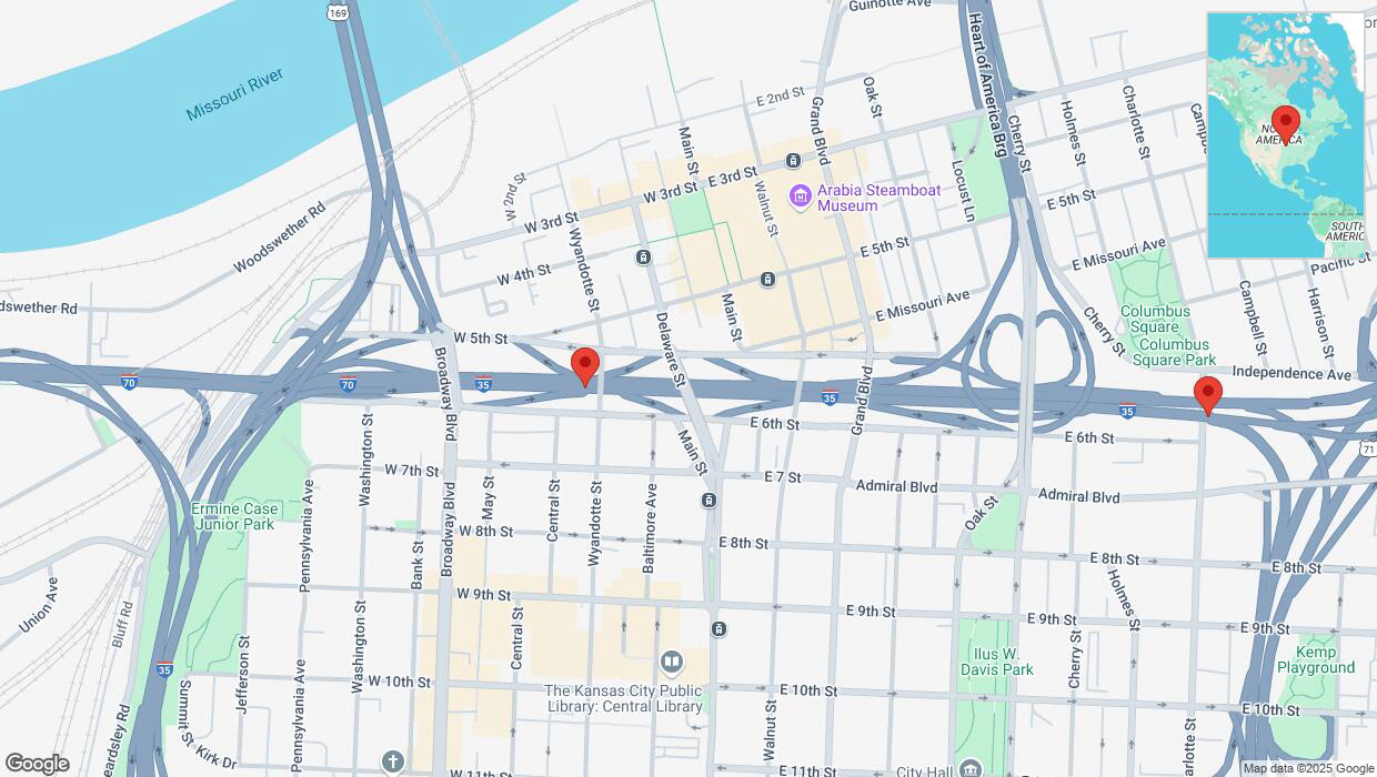 A detailed map that shows the affected road due to 'Heavy snowfall on eastbound I-70/I-35 in Kansas City' on February 17th at 11:54 p.m.