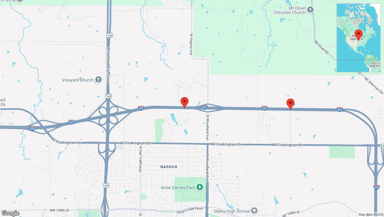 A detailed map that shows the affected road due to 'Heavy snowfall on eastbound I-435 in Kansas City' on February 17th at 10:49 p.m.