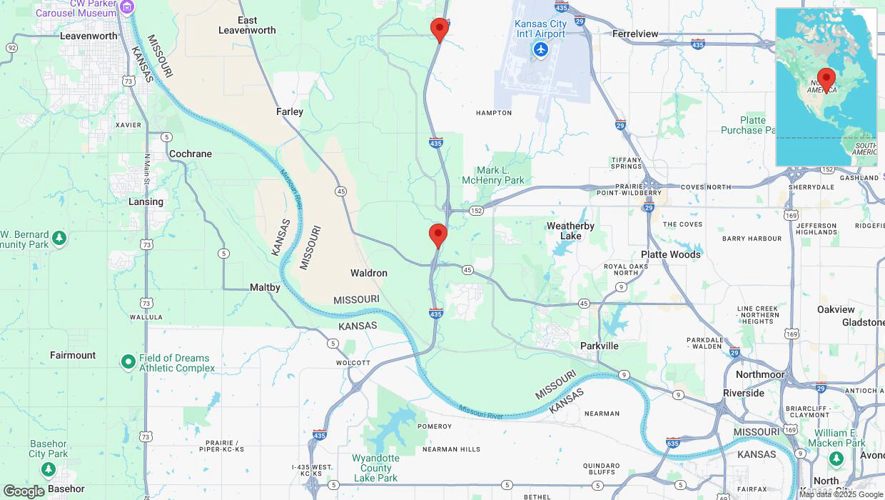 A detailed map that shows the affected road due to 'Heavy snowfall on northbound I-435 in Parkville' on February 17th at 10:49 p.m.