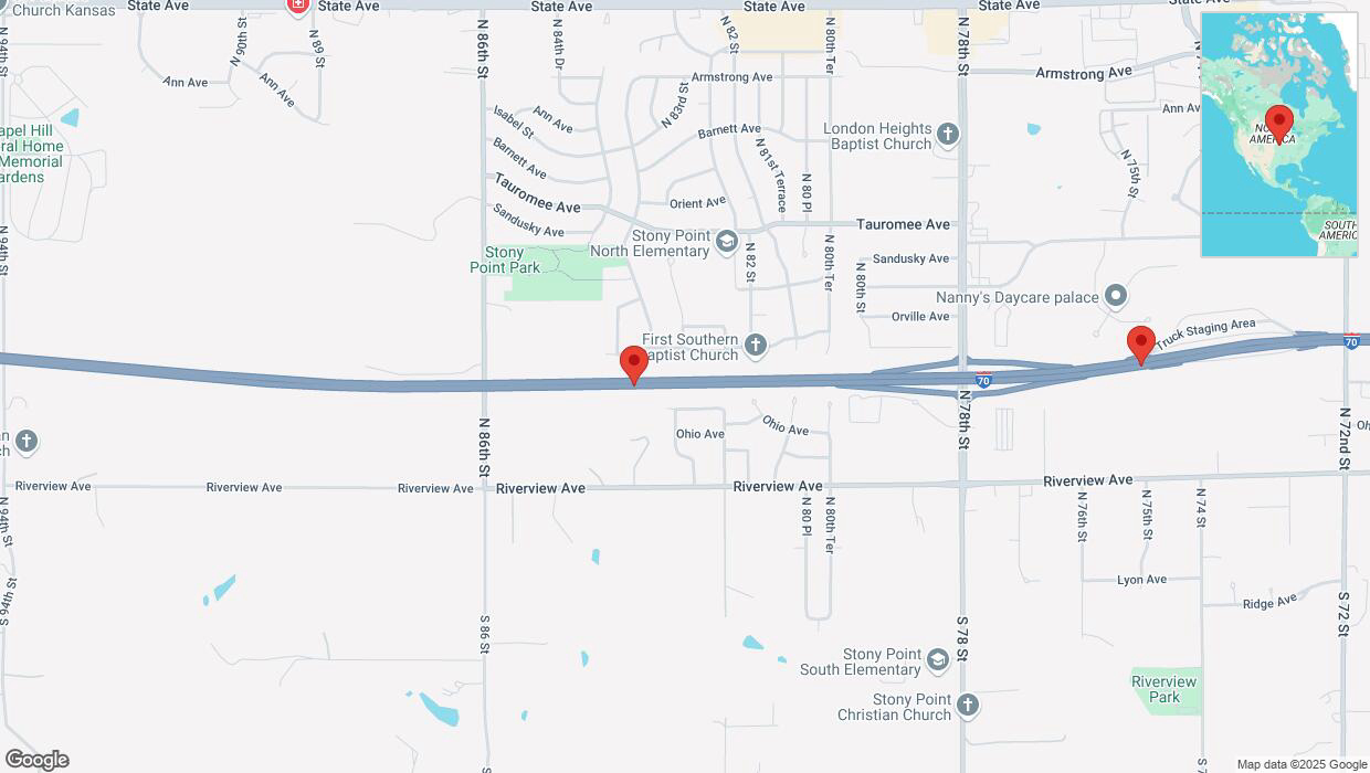 A detailed map that shows the affected road due to 'Heavy snowfall on eastbound I-70 in Kansas City' on February 17th at 10:49 p.m.